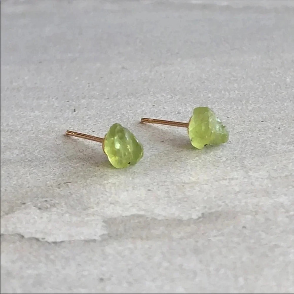 Dainty August Birthstone Raw Peridot Earrings - Picture 2 of 6
